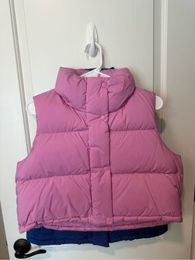 lululemon athletica Pink Puffer Vest, cropped version with detachable hood.